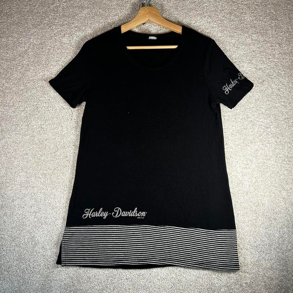 Y2K women's black and white striped Harley Davidson biker tee shirt tshirt